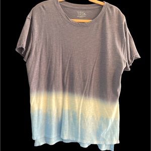 Tie dye, gray, white, and blue woman’s T-shirt